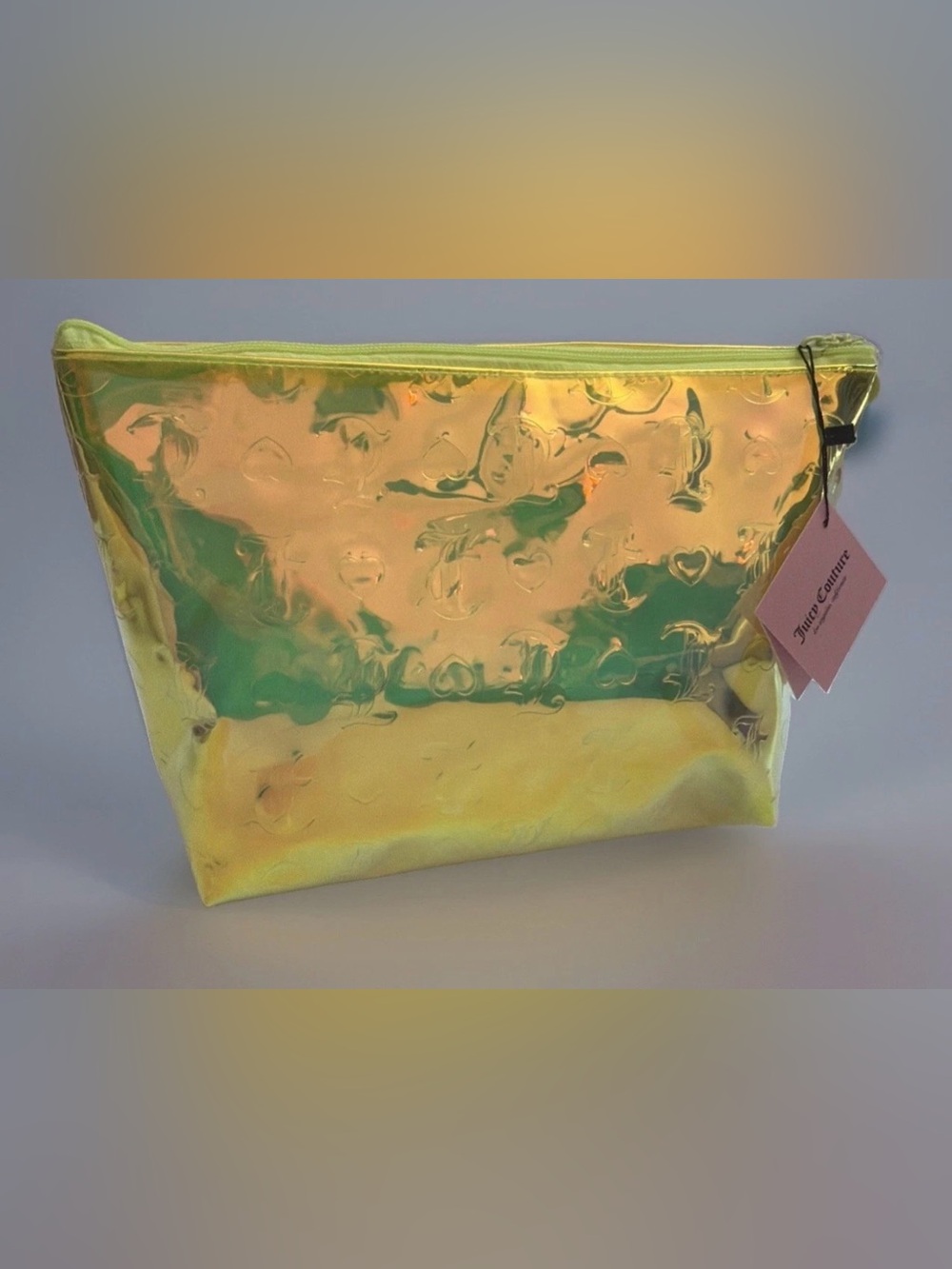 NWT Juicy Couture Iridescent Holographic Yellow Travel make Up Toiletries Bag